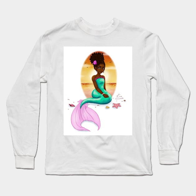 Little Black Girl Mermaid| Black Fantasy Art Long Sleeve T-Shirt by kiraJ